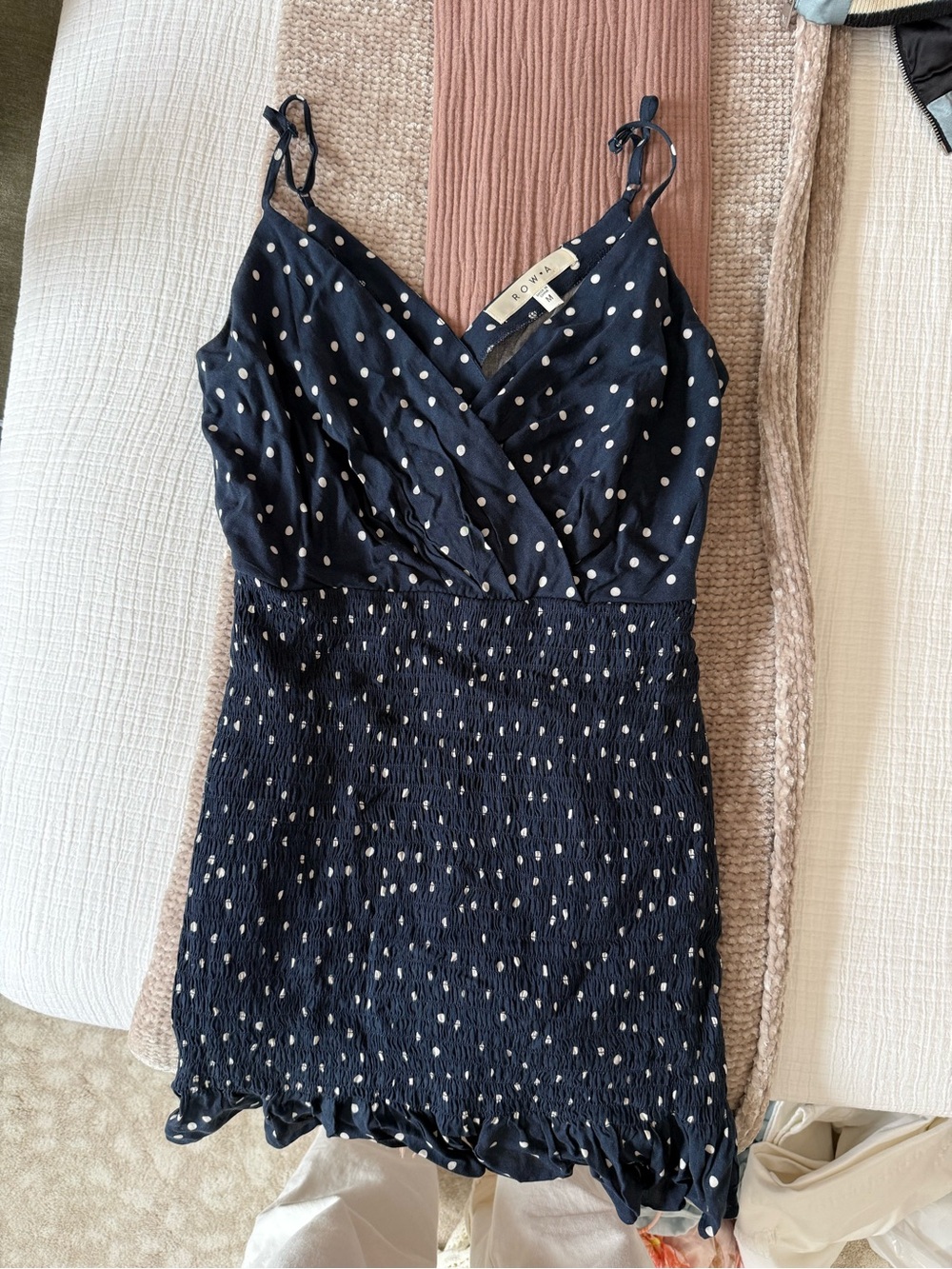 Polka Dot Smocked Mini Dress - Navy